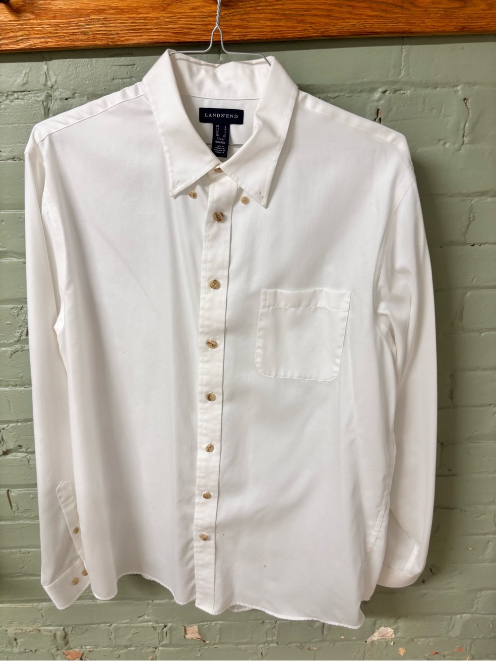 Lands' End Men's White Twill Long-Sleeve Button-Front Shirt with Chest Pocket